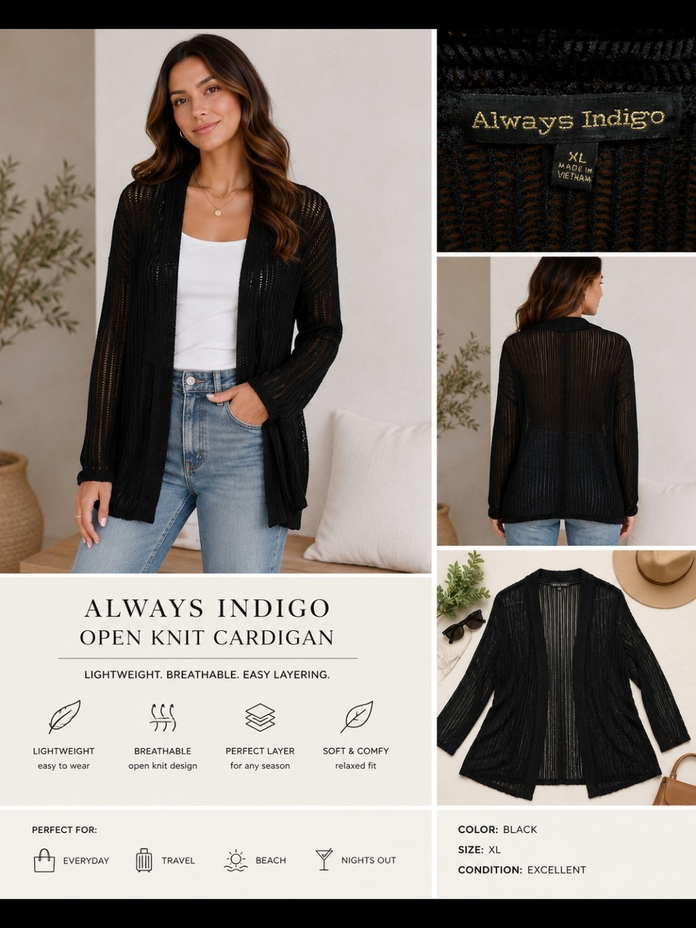 Women's Black Open Knit Cardigan